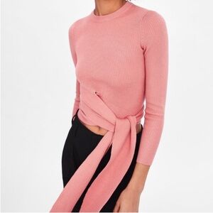 ZARA Tie-Waist Ribbed Long Sleeve Top - Dusty Rose